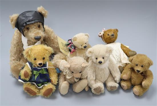Brunty Bear with certificate from RAF, a Dambuster bear dressed for flying, with six Artist bears including Robin Reeve and Vintage Bra